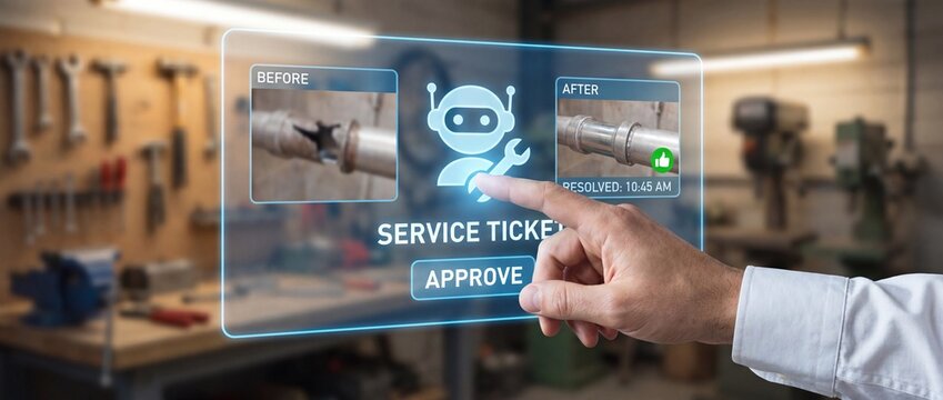 Hand approving digital service ticket on futuristic transparent screen in workshop showing before and after pipe repair with robotic icon