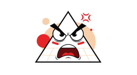 Obraz premium Angry cartoon pyramid character with an open mouth and furrowed eyebrows expressing frustration and rage on a white background with abstract shapes.