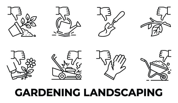 Gardening and landscaping icons showing thumbs down negative approval for planting watering digging pruning mowing and gardening.