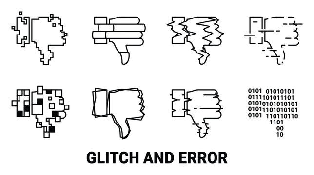 Glitch and error thumbs down icons set with digital distortion and binary code.