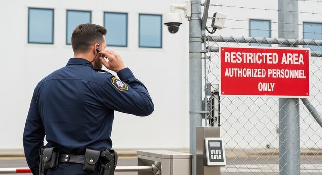 Security guard on duty using earpiece near restricted area gate