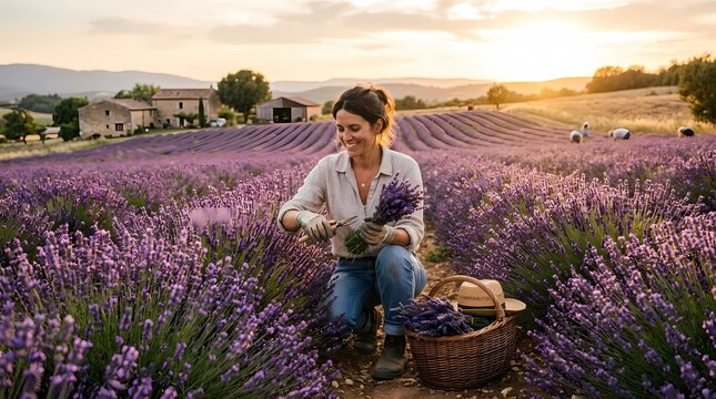 Young Woman Standing in a Blooming Lavender Field on a Sunny Summer Day