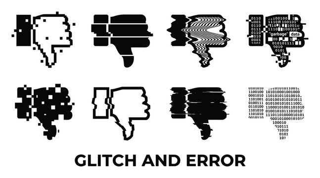 Glitch dislike thumbs down icons set digital error distortion and pixelated art signs isolated on white background vector.