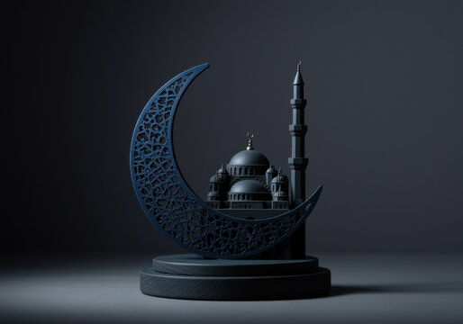 Large filigree crescent moon and mosque model on a circular platform for Islamic holiday greetings, religious festivals and elegant cultural marketing displays