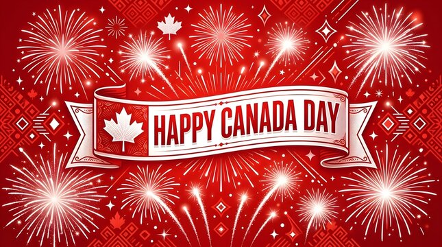 Canada Day celebration with fireworks and banner over red background in festive style