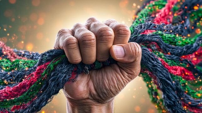 Raised fist wrapped in flowing red, yellow, green colors symbolizing black history month, equality, diversity and human rights. Powerful concept of unity, inclusion and social justice