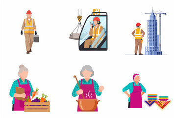Fototapeta premium Senior woman worker in various professions including construction engineer, chef and farmer vector illustration set