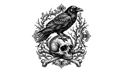 Obraz premium Dark raven with skull and bones vintage tattoo vector illustration