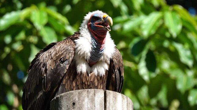 Close-up of a lappet-faced vulture with open beak perched on a wooden post against a blurred green background
