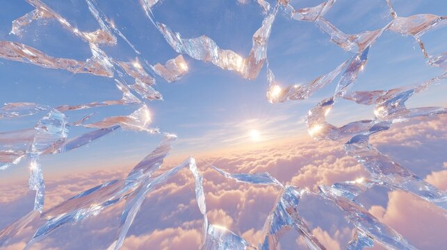 displays a view of a sunset above the clouds seen through a shattered glass pane, creating a surreal, ethereal aesthetic that blends natural light with abstract geometry.