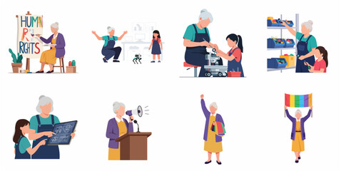 Fototapeta premium Empowered Senior Woman Character Set: STEM Mentoring, Human Rights Activism, and Social Advocacy Illustrations