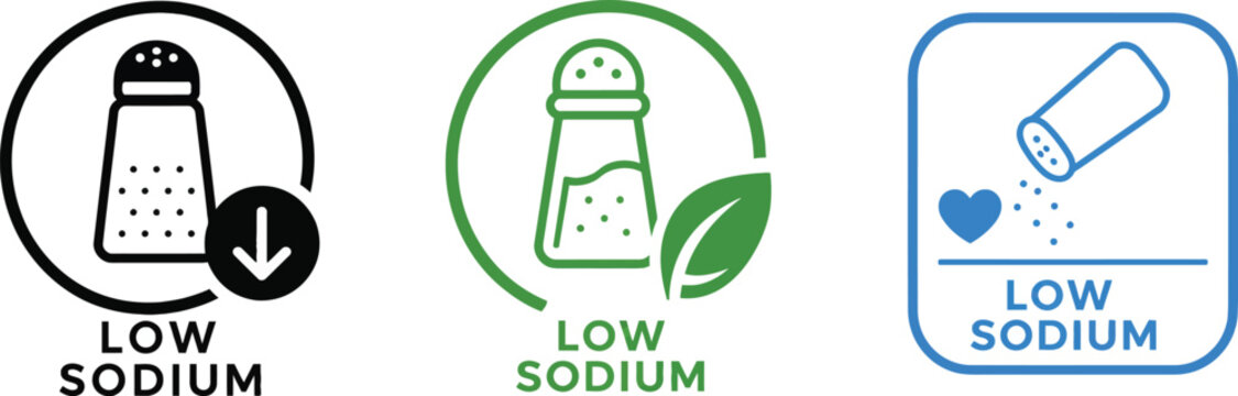 Low Sodium Label Icon Set &ndash; Salt Reduction Vector Badges