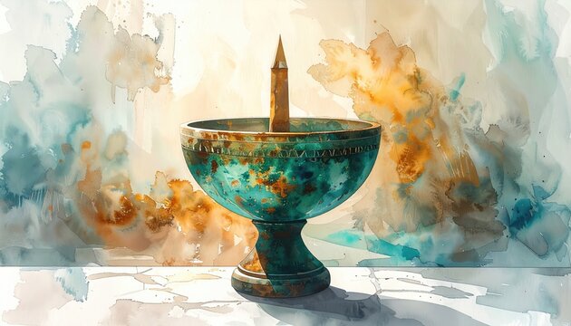 Ancient Artifact with Obelisk in Decorative Bowl Watercolor Painting