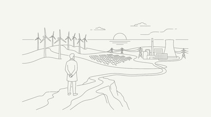 Fototapeta premium A businessman standing on a cliff edge looking at a landscape with wind turbines and a power plant.