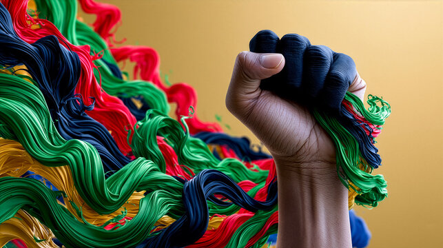 Raised fist wrapped in flowing red, yellow, green colors symbolizing black history month, equality, diversity and human rights. Powerful concept of unity, inclusion and social justice