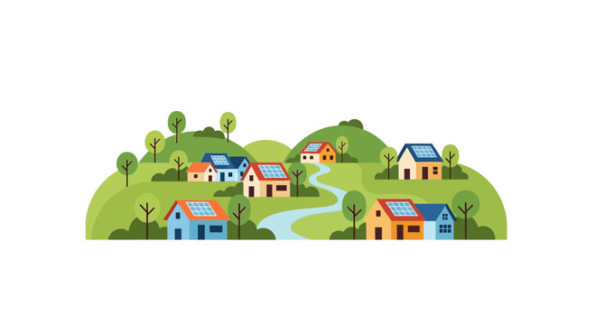 Eco-friendly village with solar panels on rooftops, green hills, trees, and a river