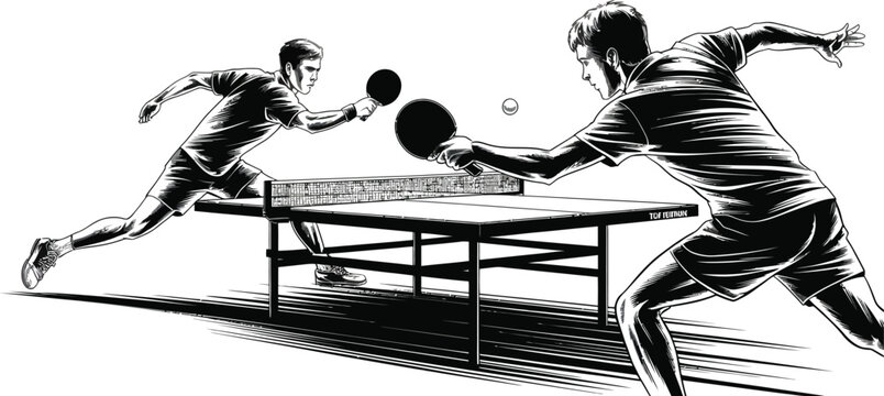 Table tennis, ping pong players, black and white illustration, sports vector graphics