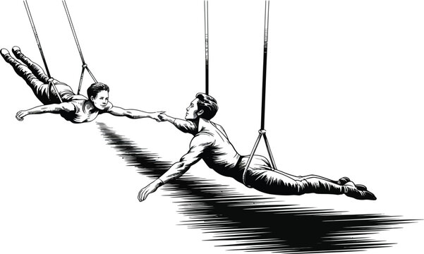 Acrobatic aerialists, flying performers, black and white illustration, circus art
