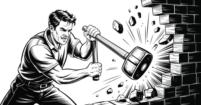 Black and white, vintage illustration, breaking brick wall, man with sledgehammer, demolition scene