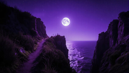 Dramatic Full Moon Rising Over Rocky Coastal Cliffs at Night with Purple Sky, Winding Dirt Path, Ocean Waves, and Starlit Horizon