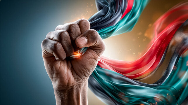 Raised fist wrapped in flowing red, yellow, green colors symbolizing black history month, equality, diversity and human rights. Powerful concept of unity, inclusion and social justice