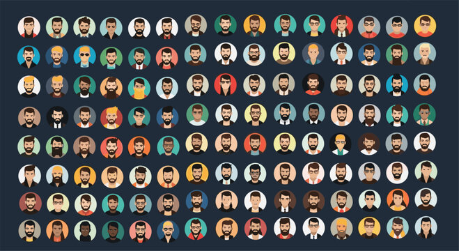 Massive collection of diverse male character avatars in circular frames, featuring various hairstyles, facial hair, and clothing styles.