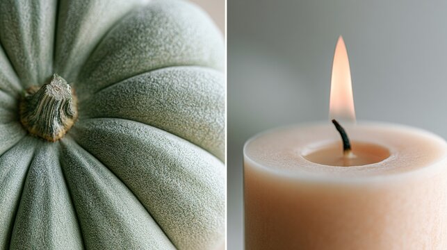 Detailed close-up of sage green pumpkin stem and flickering cream candle flame, 100mm macro lens, dusk light bathes scene