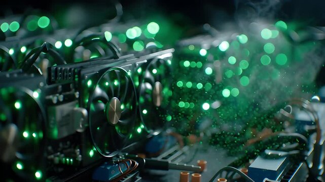 Close-up of cryptocurrency mining rig with glowing green lights