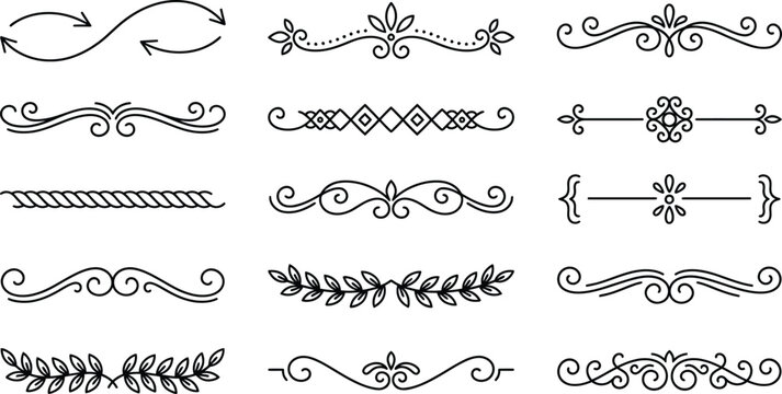 Decorative line dividers and borders set, hand drawn flourishes, page ornaments, swirls and text separators