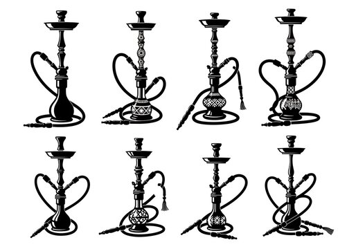 Set of eight black and white hookah pipe illustrations for smoking lounge and tobacco culture