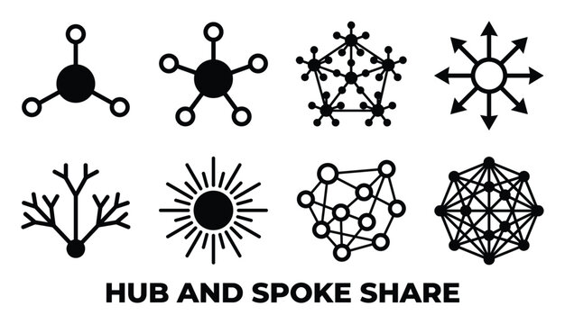 Hub and spoke share network diagrams central node connections abstract graph molecule structure.
