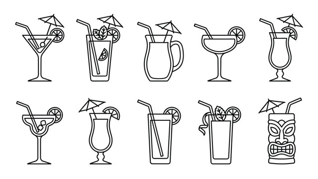 Cocktail drinks vector line icon set isolated on transparent background outline style, thin line tropical drink icon collection.