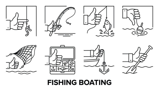 Set of positive fishing and boating icons with thumbs up and successful activity symbols in line art.