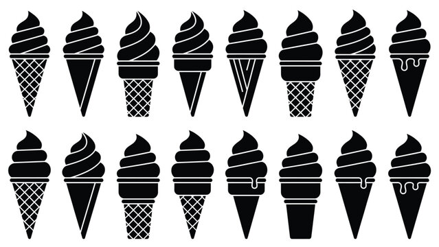 Collection of black ice cream cones in waffle cups with different designs and styles isolated on transparent background.