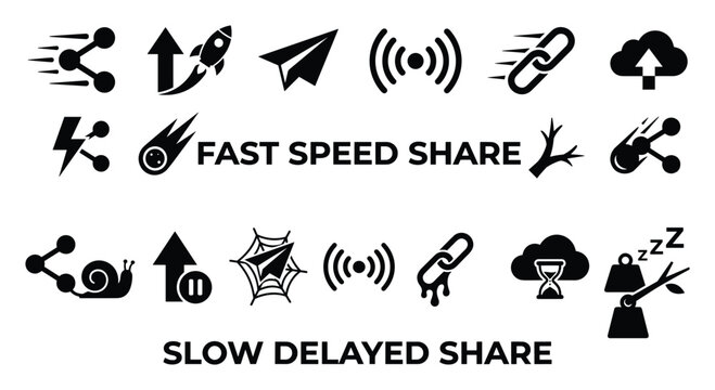Slow delayed share concepts with icons depicting snails network failure and time delay for data transfer.