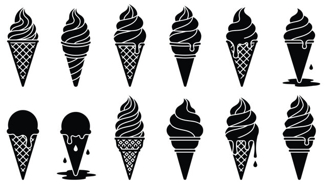 Assortment of black ice cream cones in waffle cups, featuring various styles and melting drips, set on a transparent background.
