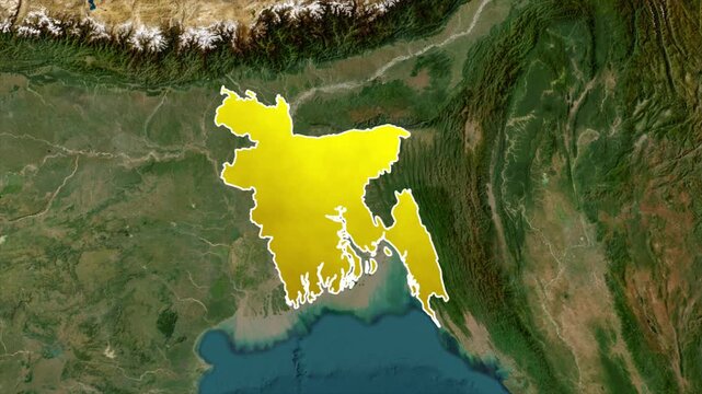Bangladesh Territory Highlighted on South Asia Satellite Map with National Borders.
Golden Bangladesh Map Reveal on Detailed Earth View Background.