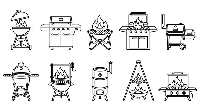 Set of black and white vector bbq grill icons for outdoor cooking.