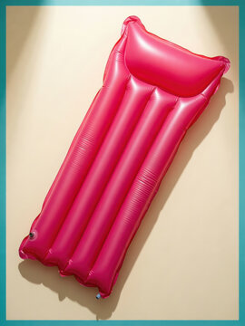 Hot pink inflatable pool float mattress resting on a cream surface with teal border for summer product catalog, travel advertising and vacation lifestyle editorial
