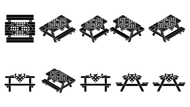 Isometric and flat picnic table silhouettes with checkered cloth patterns.