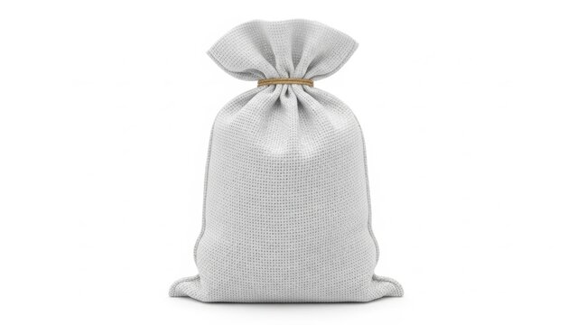 Empty beige fabric sack tied with twine on white background