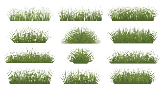 Collection of various realistic green grass patches and bushes in different shapes for landscape design elements.