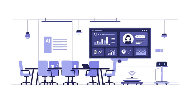 Modern conference room with AI data visualization on screen and robot assistant