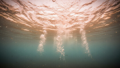 Fototapeta premium Underwater view of air bubbles rising toward a breaking wave surface with foam and sea particles for luxury spa branding, environmental campaigns and wellness website backgrounds