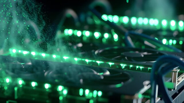 Close-up of cryptocurrency mining equipment with green LED lights
