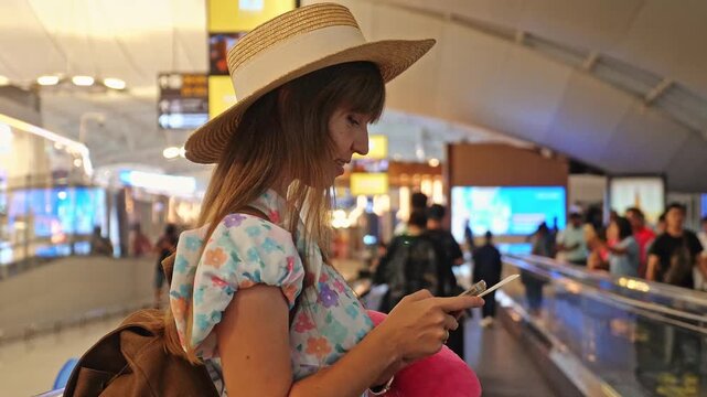 Woman in straw hat using smartphone while holding passport inside busy airport terminal, traveler checking flight status near moving walkway, international tourism background., slow motion