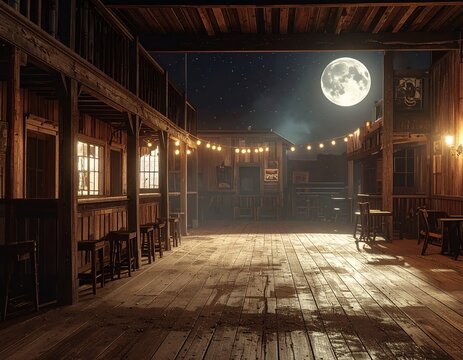 Old Western Saloon Interior at Night Under a Full Moon.