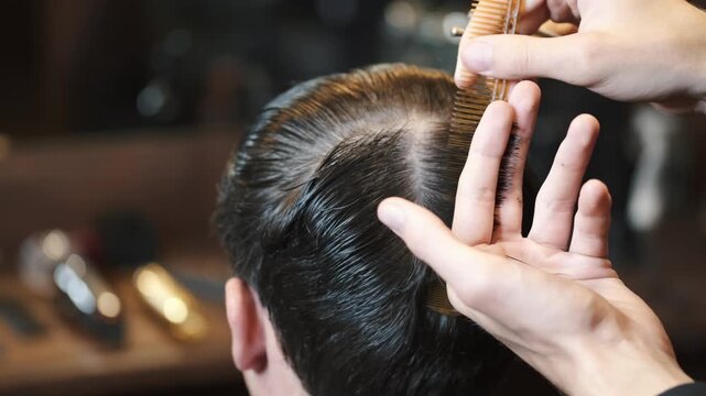 Close up of scissor work during haircut، Barber using comb and scissors together، Salon expert cutting dry hair for precision، Hair expert cutting a modern crop، Hair expert cutting a casual male