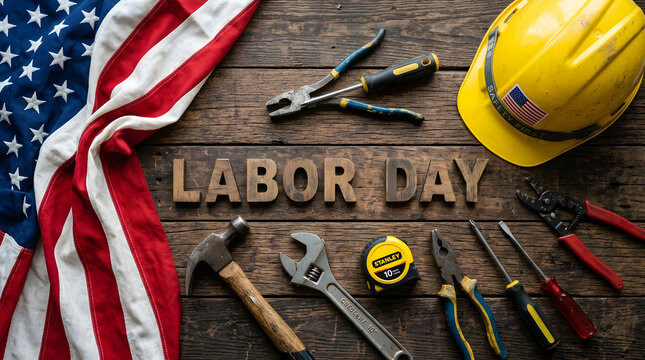 Labor day celebration with american flag tools and safety equipment