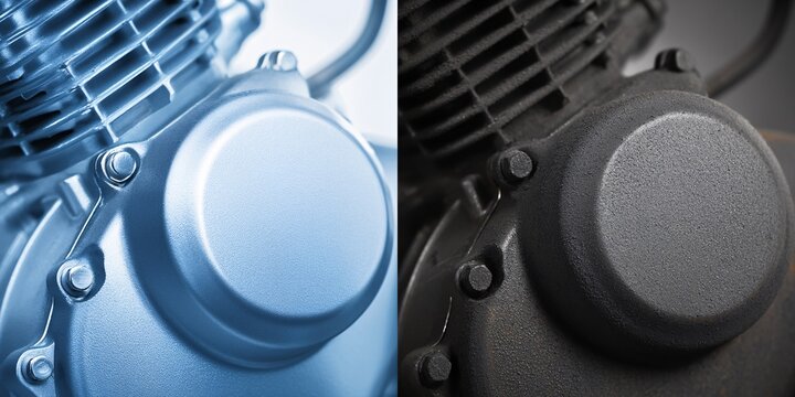 Contrast of clean and dirty engine metal surfaces workshop macro photography industrial environment close-up mechanical concept